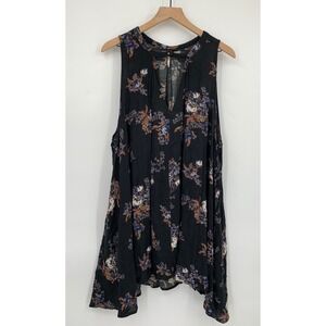Free People Dress Womens Large Black Floral Sleeveless Oversized Tunic Pockets